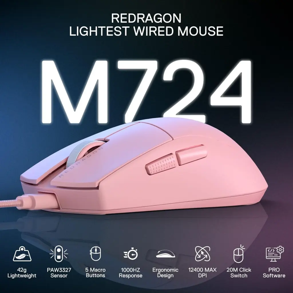 Mouse USB Redragon K1NG 1K Rosado USB-C a USB-A 12,400DPI M724P 2.0 (6).webp