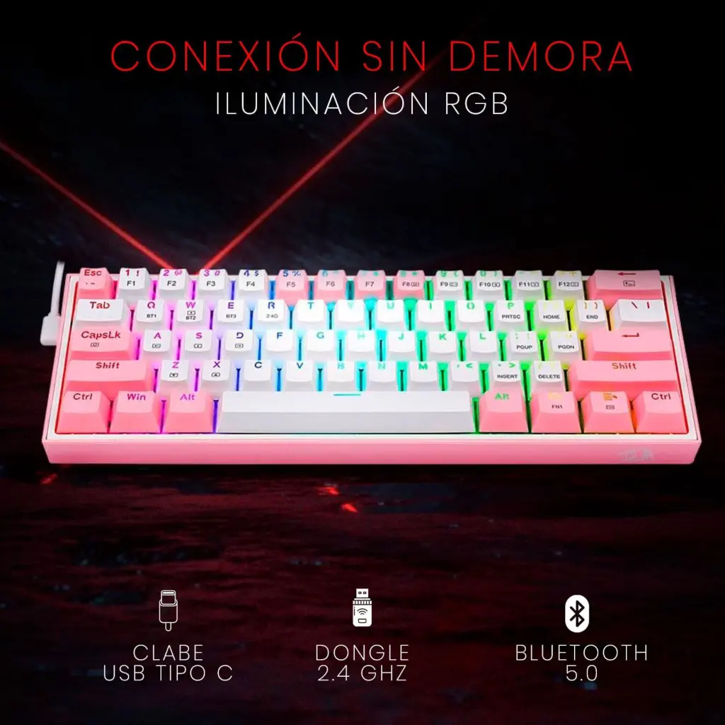Teclado Inalambrico redragon Fizz Pro K616 RGB Blanco-Rosado 2.0 (2).webp