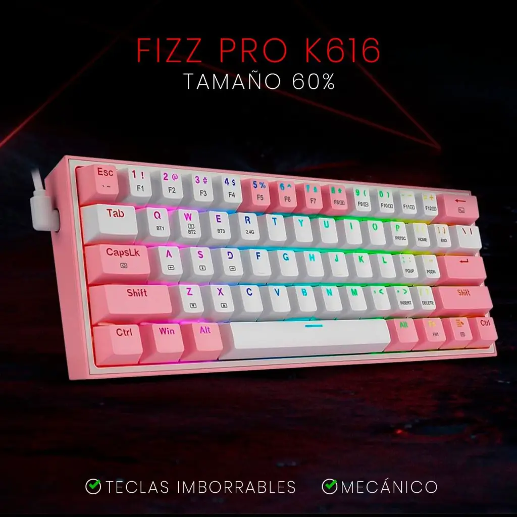 Teclado Inalambrico redragon Fizz Pro K616 RGB Blanco-Rosado 2.0 (5).webp