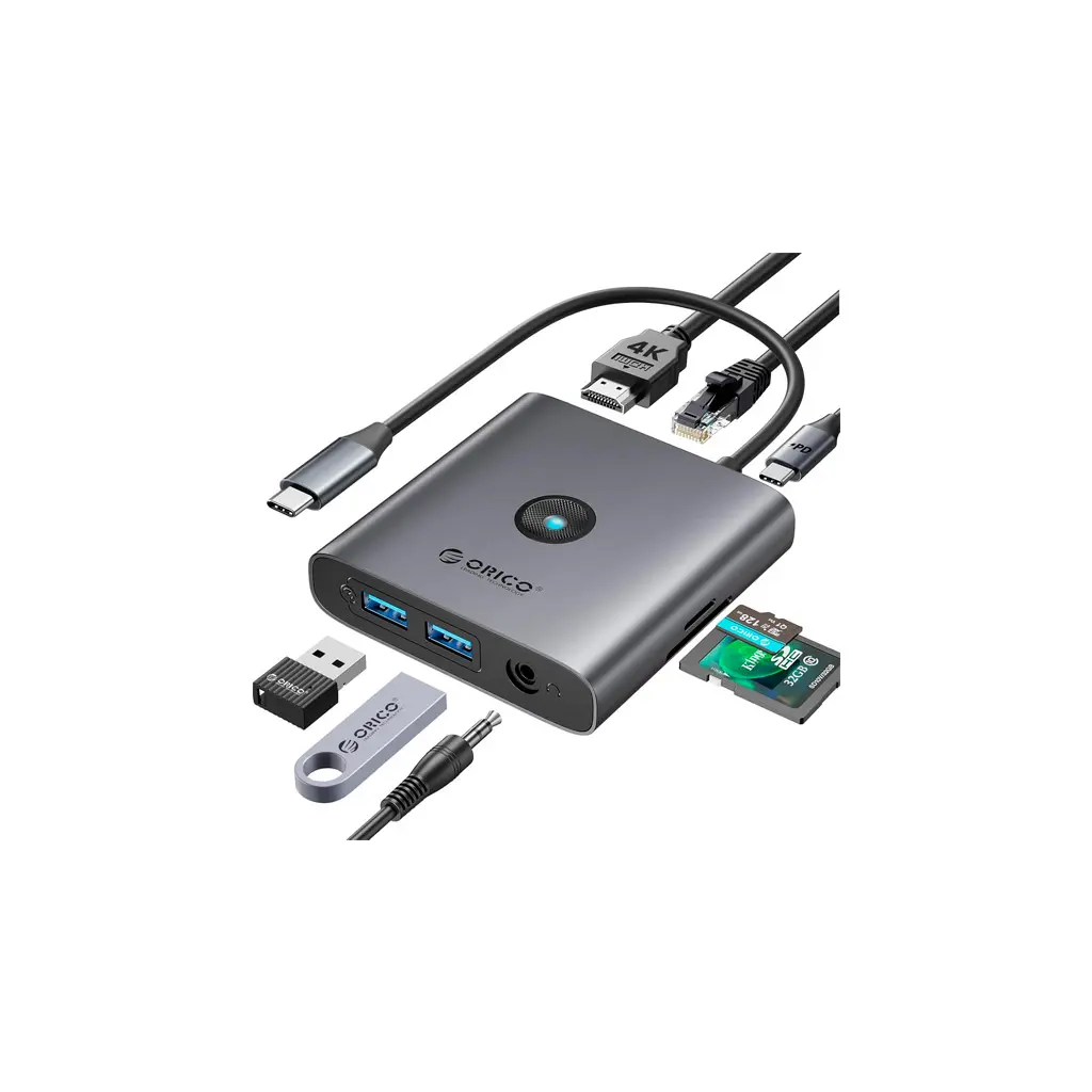 Adaptador USB-C a 2xUSB 3.0/HDMI 4K/3.5mm/TF/SD/RJ45/PD 100W 8 in 1 Orico FAX3-8PM-GY-EP