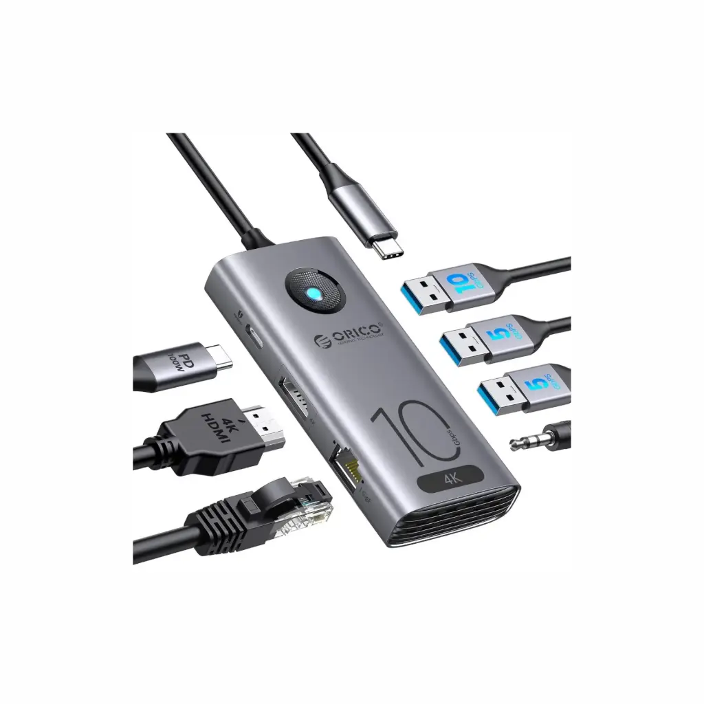 Adaptador USB-C a 3USB 3.0/HDMI 4K/3.5mm/RJ45/PD 100W 7 in 1 Orico CX10-7P-GY-BP