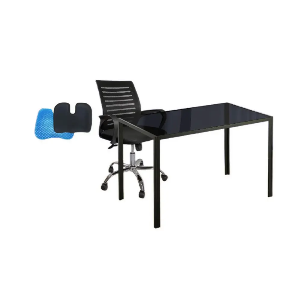 Mesa de Vidrio Patas de Metal 1010202112 + Silla para Oficina con Malla Vorttek 892 Plastica + Cojin De Gel Ergonomico
