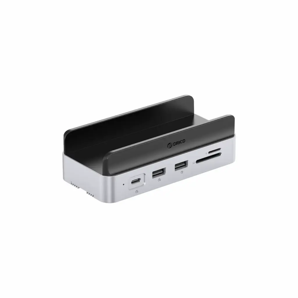 Docking Vertical para Mac Mini M4 UBS-C a 3xUSB-A/USB-C/HDMI/RJ45/SD/TF/PD 100W + Memorias Multiples Orico VS10-SV-EP Silver