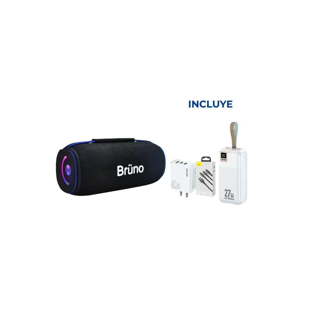 OFERTA MAYO 2026 - Parlante Bluetooth Bruno BRS272 + Power Bank WP-96 + Cargador WP-U63 + Cable USB CAMLTWJ-01