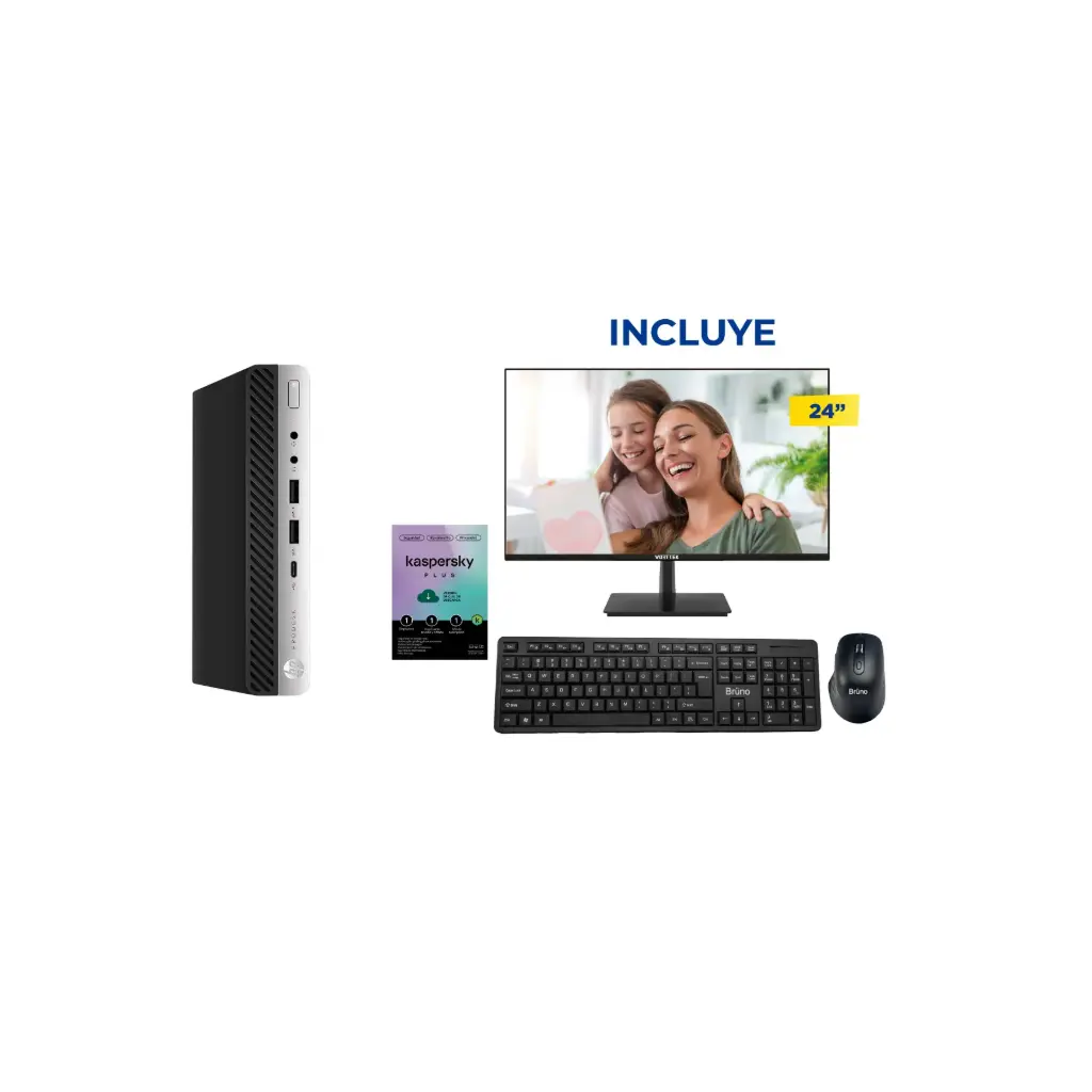 OFERTA Compu HP ProDesk 600 G4 mini i7-8ava + Kaspersky Plus + Monitor LED 24 + Kit de Teclado y Mouse Inalambrico