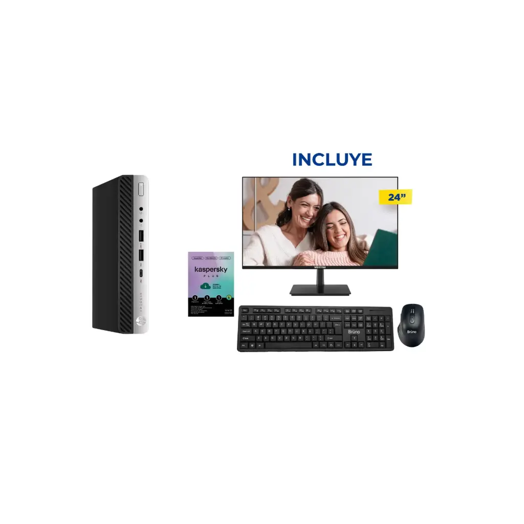 OFERTA Compu HP ProDesk 600 G4 mini i5-8ava + Kaspersky Plus + Monitor LED 24 + Kit de Teclado y Mouse Inalambrico