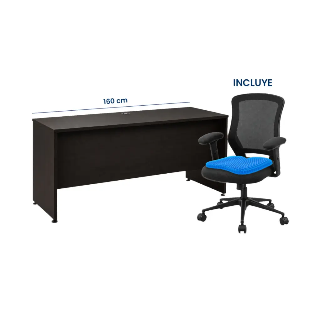 Escritorio para Oficina 160 | 1600 x 700 x 740 | Melamina Cafe Oscuro + Silla + Cojin